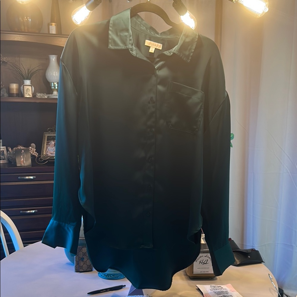 Crown & Ivy Deep Green Satin Shirt